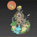 Cartoon Scene With Small Wooden House Chickens On Roof Sun Waterfall Green Grass And Stones