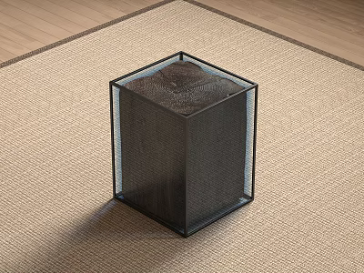 Square Stool With Dark Body And Black Metal Frame On Light Carpet Wooden Floor Setting 3d model