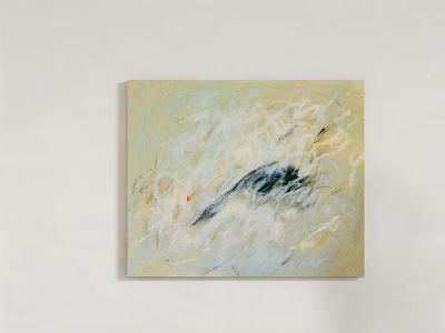 Abstract Oil Painting With Soft Beige White And Dark Brush Strokes Hanging On White Wall 3d model