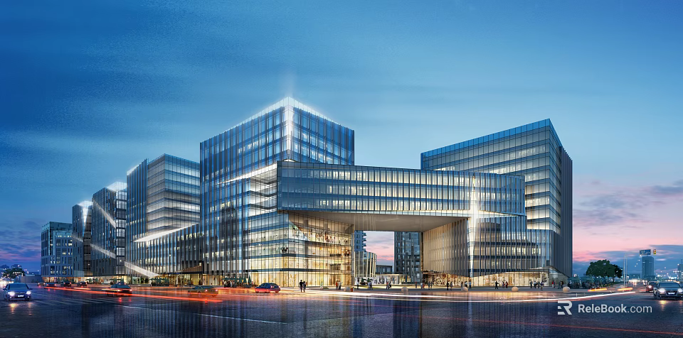 Modern Glass Office Building Complex With Illuminated Facades And Urban Road View 3d model 