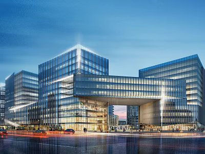 Modern Glass Office Building Complex With Illuminated Facades And Urban Road View 3d model