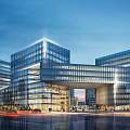 Modern Glass Office Building Complex With Illuminated Facades And Urban Road View