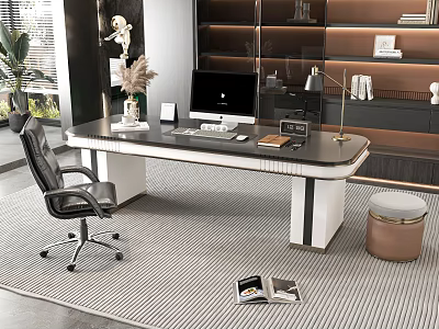 Modern Luxury Office Desk With Leather Chair Computer Monitor And Decorative Lamp 3d model
