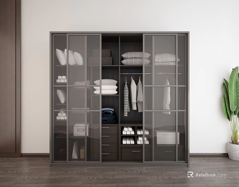 Modern Organized Wardrobe With Glass Doors Storage Shelves Hanging Rods And Drawers 3d model 