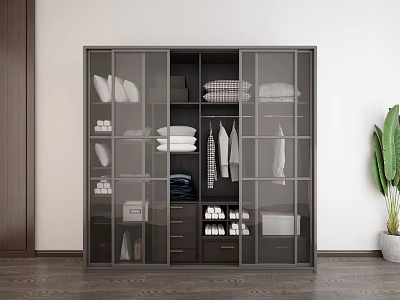 Modern Organized Wardrobe With Glass Doors Storage Shelves Hanging Rods And Drawers 3d model