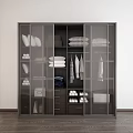 Modern Organized Wardrobe With Glass Doors Storage Shelves Hanging Rods And Drawers