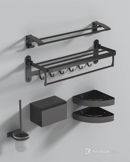 Black Metal Bathroom Storage Rack With Hooks Towel Bar And Corner Shelves 3d model 