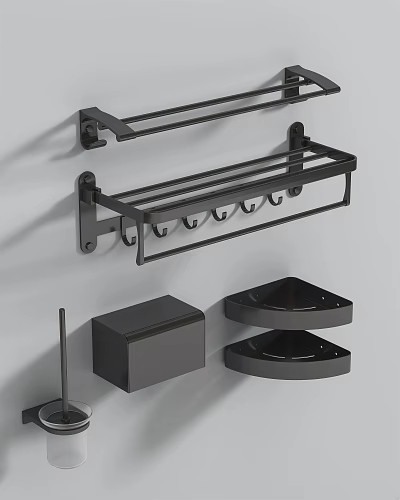 Black Metal Bathroom Storage Rack With Hooks Towel Bar And Corner Shelves 3d model
