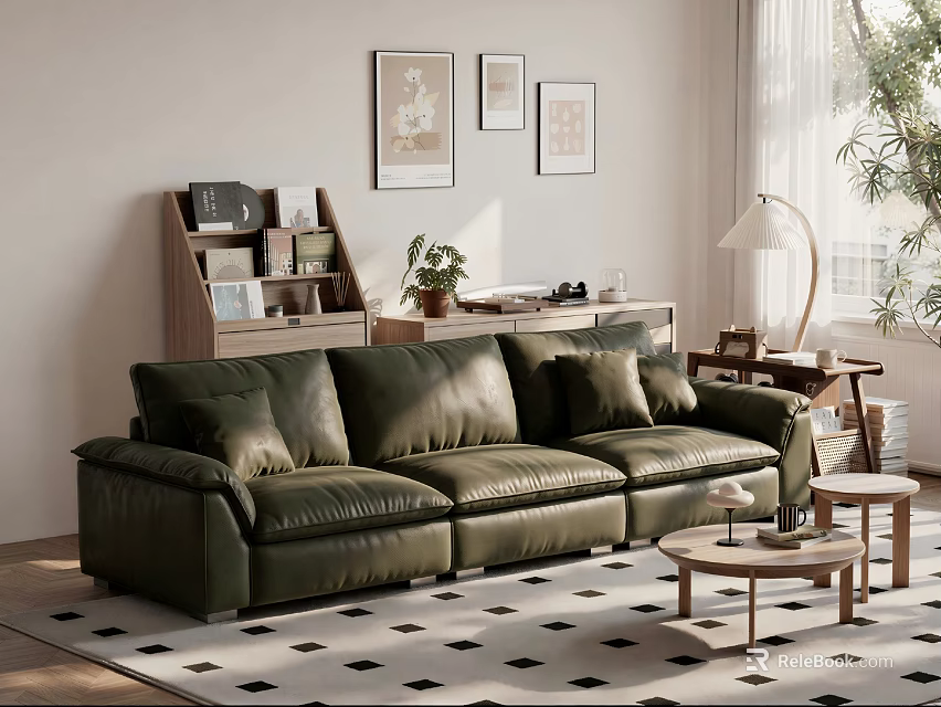 Two Seater Green Leather Sofa in Cozy Living Room with Wall Art Coffee Table 3d model 