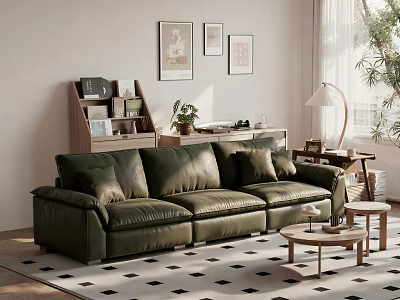Two Seater Green Leather Sofa in Cozy Living Room with Wall Art Coffee Table 3d model