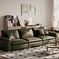 Two Seater Green Leather Sofa in Cozy Living Room with Wall Art Coffee Table