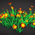 Vibrant Orange Yellow Flowers With Green Grass Leaves On Black Background