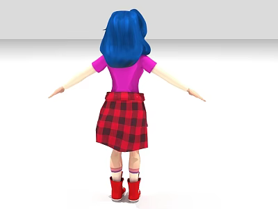 Game and Movie Character With Blue Hair Pink Top Red Plaid Skirt and Red Shoes 3d model