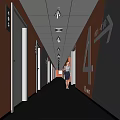 Modern Elevator Hallway With Orange Walls White Doors And Signage