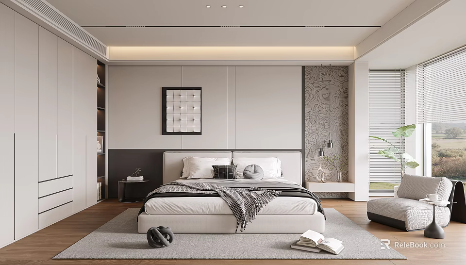 Modern Bedroom Interior With Bed Pillows Blanket Decorative Painting Window Blinds And Accent Chair 3d model 