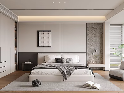 Modern Bedroom Interior With Bed Pillows Blanket Decorative Painting Window Blinds And Accent Chair 3d model