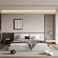 Modern Bedroom Interior With Bed Pillows Blanket Decorative Painting Window Blinds And Accent Chair