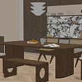 Warm Modern Restaurant Interior With Wooden Dining Table Chairs Bench Pendant Lights And Decorative Wall