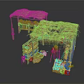 Traditional Thatched Market Stalls With Wooden Shelves Clay Pots And Tools