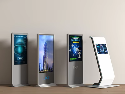 Modern Standing Digital Information Display Kiosks with Various Designs and Screen Content 3d model