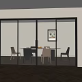Glass Sliding Doors with Black Frame in Modern Dining Room Interior with Wooden Floor