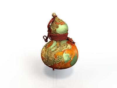 Gourd Shaped Sculpture With Intricate Golden Dragon Patterns Orange Green Colors And Red Rope 3d model
