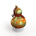 Gourd Shaped Sculpture With Intricate Golden Dragon Patterns Orange Green Colors And Red Rope