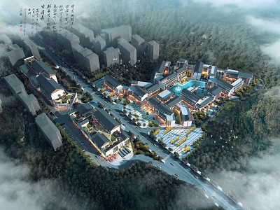 Commercial Street With Modern And Traditional Architecture Surrounded By Greenery And Misty Atmosphere 3d model