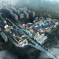 Commercial Street With Modern And Traditional Architecture Surrounded By Greenery And Misty Atmosphere