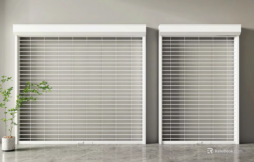 Two White Louvered Shutters Design With Green Plant And Gray Concrete Floor 3d model 