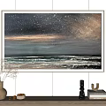 Starry Sky Ocean Waves Painting With Wall Decorative Elements And Natural Accents