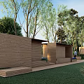 Scenic Outdoor Pergola Surrounded by Tall Palm Trees Lush Greenery and People Under Blue Sky