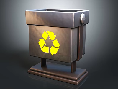 Sturdy Metal Recycle Bin With Yellow Recycling Symbol And Pedestal Base 3d model