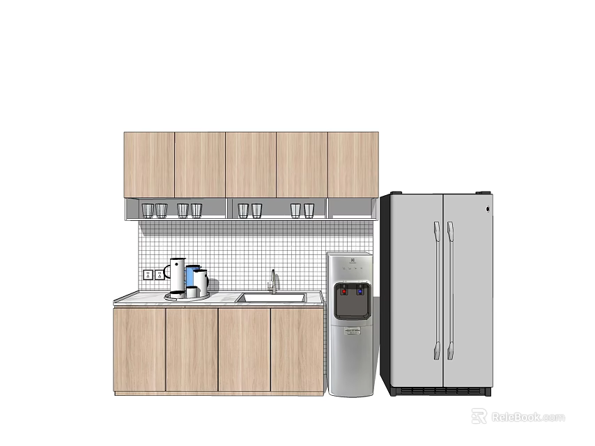 Light Wood Kitchen Cabinets With Countertop Sink And Stainless Steel Refrigerator 3d model 