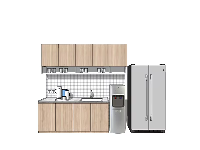 Light Wood Kitchen Cabinets With Countertop Sink And Stainless Steel Refrigerator 3d model