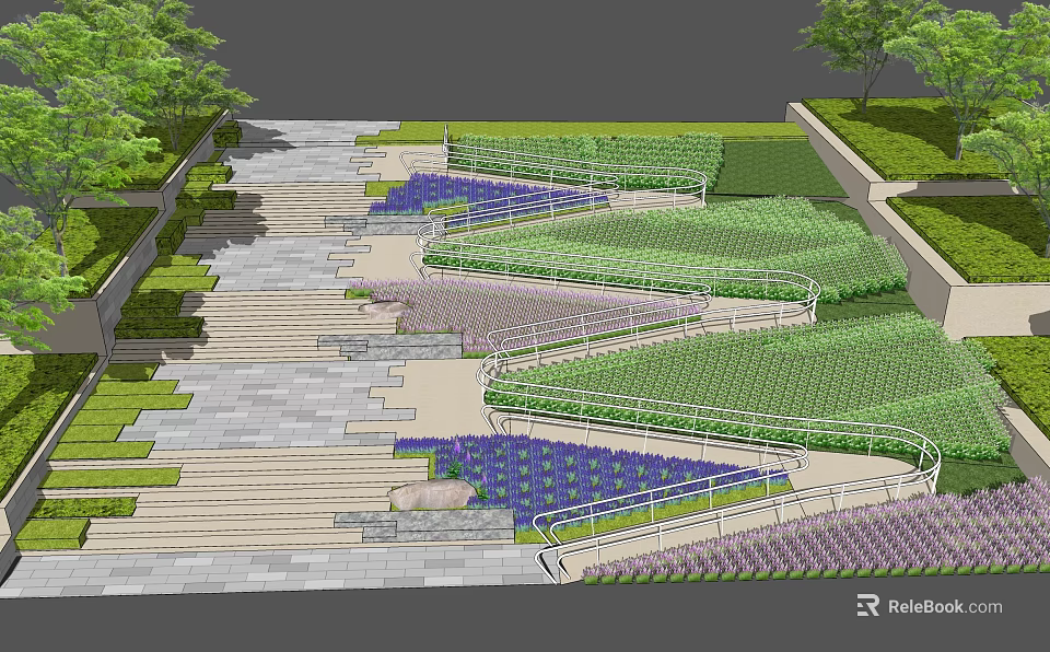 Outdoor Staircase With Stone Steps Green Plants And Colorful Flower Beds 3d model 