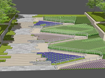 Outdoor Staircase With Stone Steps Green Plants And Colorful Flower Beds 3d model