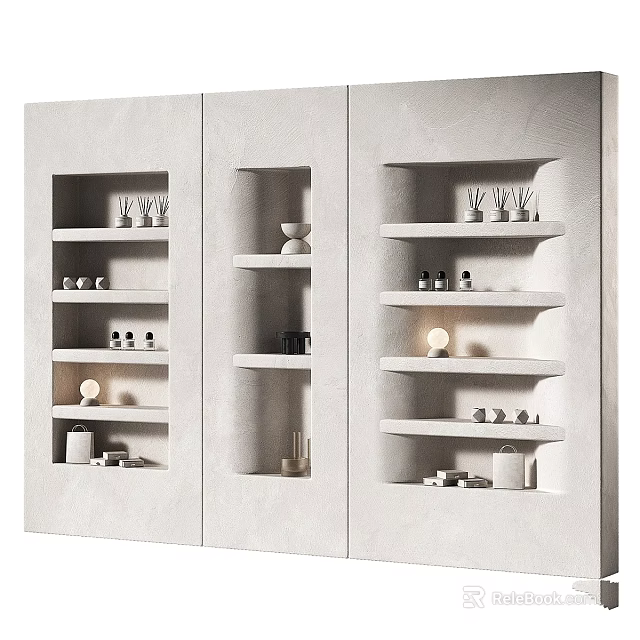 Modern White Storage Shelf Cabinet With Multiple Shelves Small Lamps And Decorative Items 3d model 