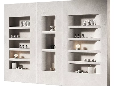 Modern White Storage Shelf Cabinet With Multiple Shelves Small Lamps And Decorative Items 3d model