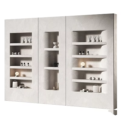 Modern White Storage Shelf Cabinet With Multiple Shelves Small Lamps And Decorative Items 3d model