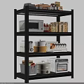 Organized Kitchen Shelf with Ceramic Vessels Microwave Toaster Grain Jars Fruit Basket and Small Oven