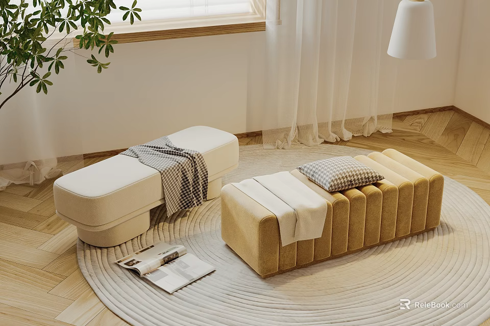 Modern Cream and Beige Ottoman Benches with Striped Details on Round Rug and Throw Blanket 3d model 