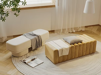 Modern Cream and Beige Ottoman Benches with Striped Details on Round Rug and Throw Blanket 3d model