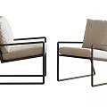 Pair of Modern Leisure Chairs with Black Metal Frame and Beige Cushion