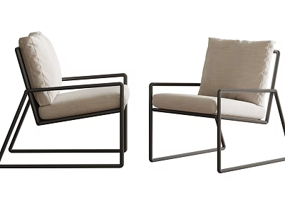 Pair of Modern Leisure Chairs with Black Metal Frame and Beige Cushion 3d model