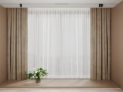 Modern Interior Featuring Beige Side Curtains Sheer White Center Panel And Green Plant 3d model