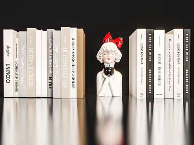 Stylish Book Collection Featuring White Figurine With Red Bow Holding Camera On Black Reflective Surface 3d model