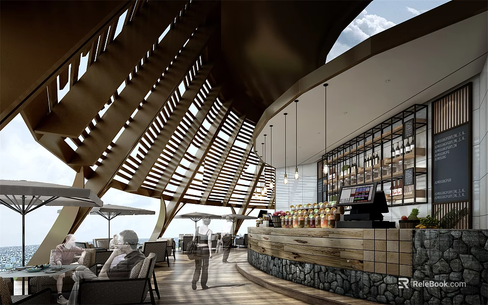 Modern Restaurant With Wooden Roof Open Bar Outdoor Seating And Plant Decor 3d model 