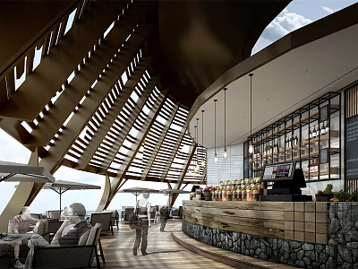 Modern Restaurant With Wooden Roof Open Bar Outdoor Seating And Plant Decor 3d model