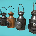 Vintage Multiple Candle Lanterns in Black and Brown With Handles on Light Blue Background